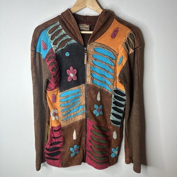 Kyber Outerwear Jacket Womens M Brown Fall Leaves Embroidered Hippie Lagenlook - Picture 1 of 10